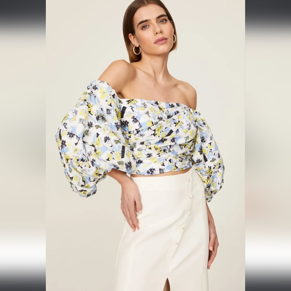 Tanya Taylor Floral Over-The-Shoulder Alondra Top In Blue Womens Size 2 EUC